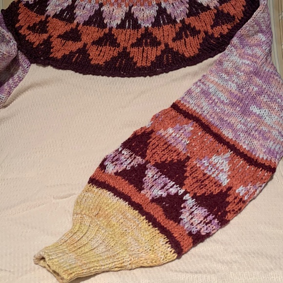 FREE PEOPLE CROCHET TURTLENECK SWEATER IN FEMME COMBO LONG PUFF SLEEVES - Picture 12 of 15